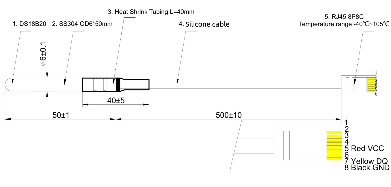 Sensor digital de temperatura DS18B20 — Interface 1-Wire, Impermeável, Conector RJ45