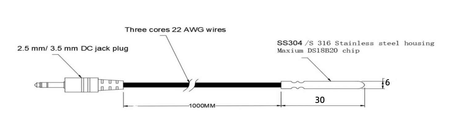 DS18B20 Sonda de temperatura digital OD6×30mm com conector de 3.5mm