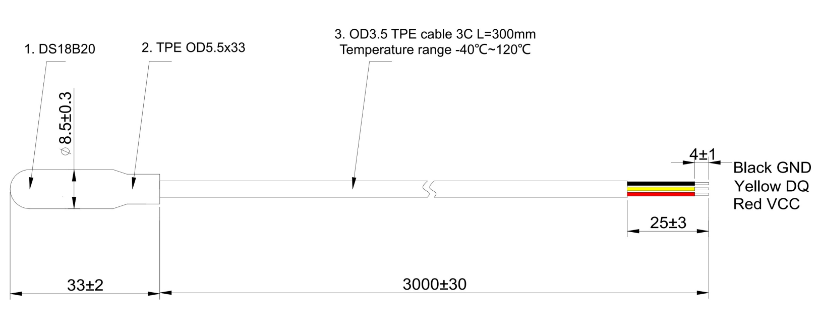 Sensor de temperatura digital DS18B20 com sonda sobremoldada e cabo em TPE