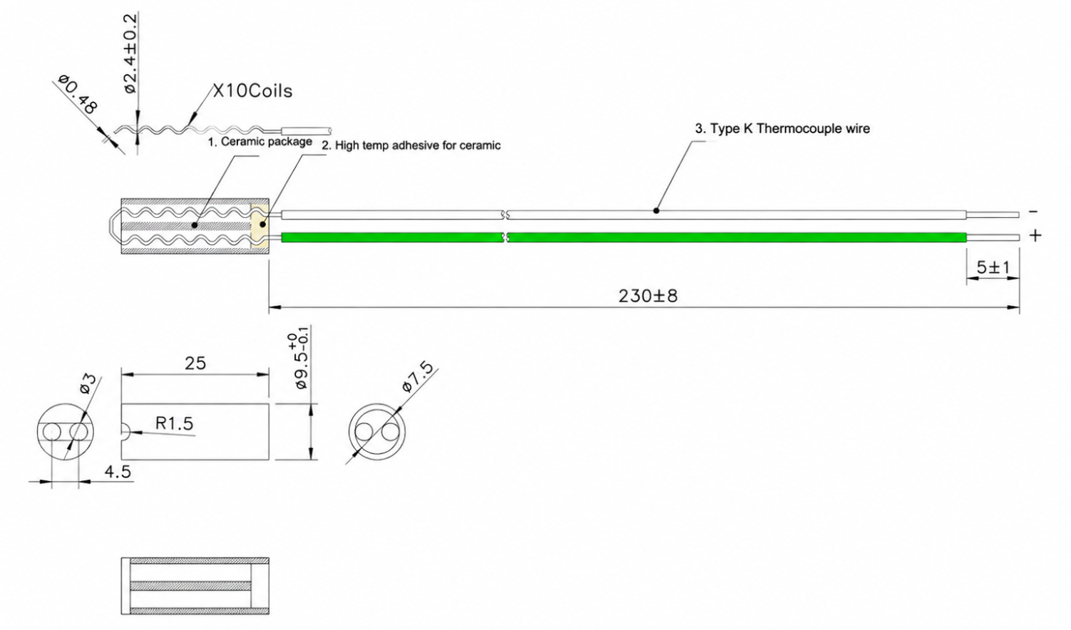 Sonda de termopar de cerâmica tipo K 300–1200°C