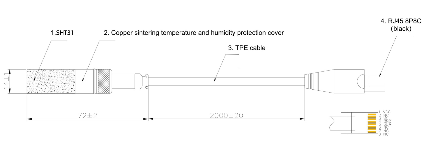 Sensor de temperatura e humidade SHT31 — Filtro sinterizado, Conector RJ45