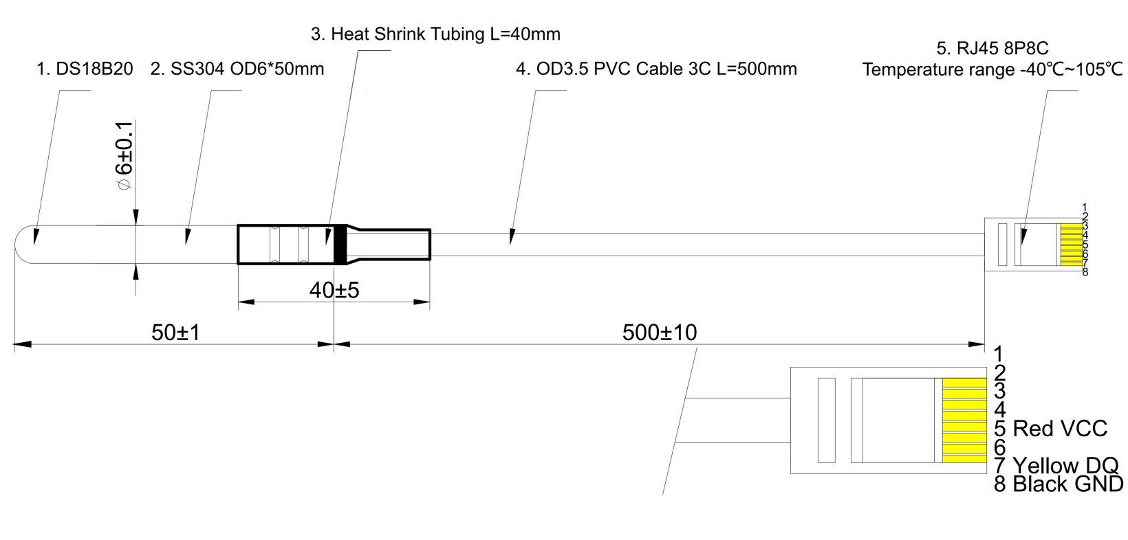 Sensor digital de temperatura DS18B20 — Interface 1-Wire, Impermeável, Conector RJ45