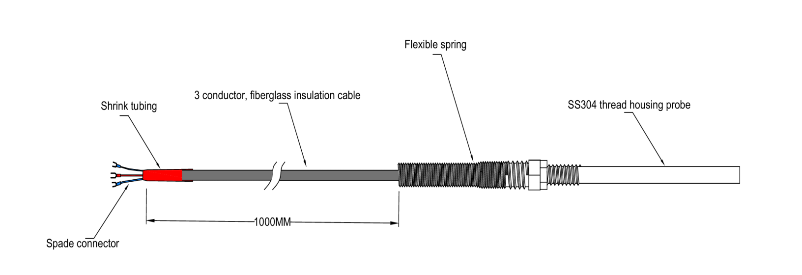 Sensor de temperatura RTD PT100 — 3 fios, Invólucro roscado, Utilização industrial