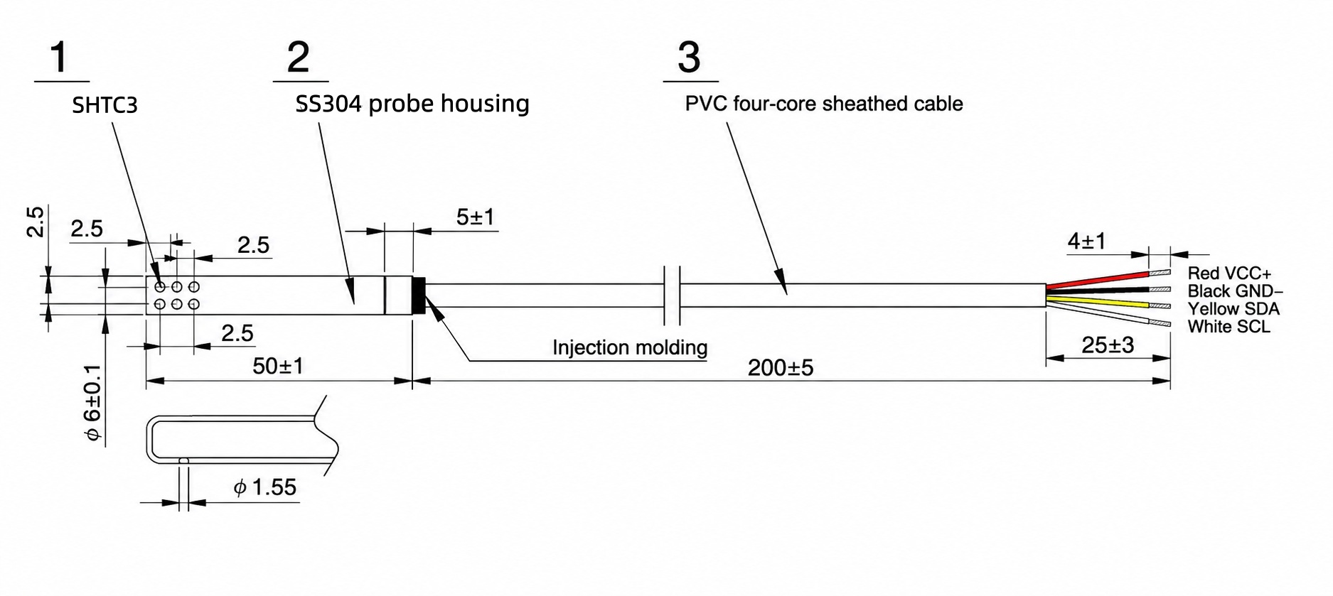 SHTC3 Sensor de temperatura e humidade com sonda «SS304» e conector «3.5» mm