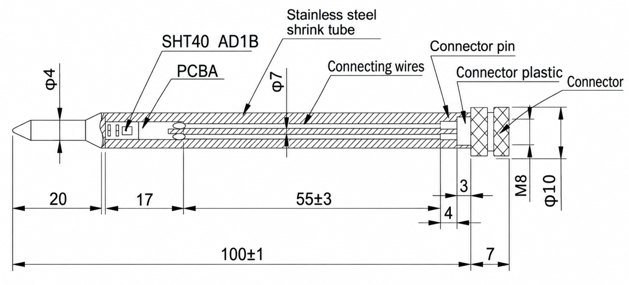 Sensor de temperatura e umidade SHT40 com conector feminino M8