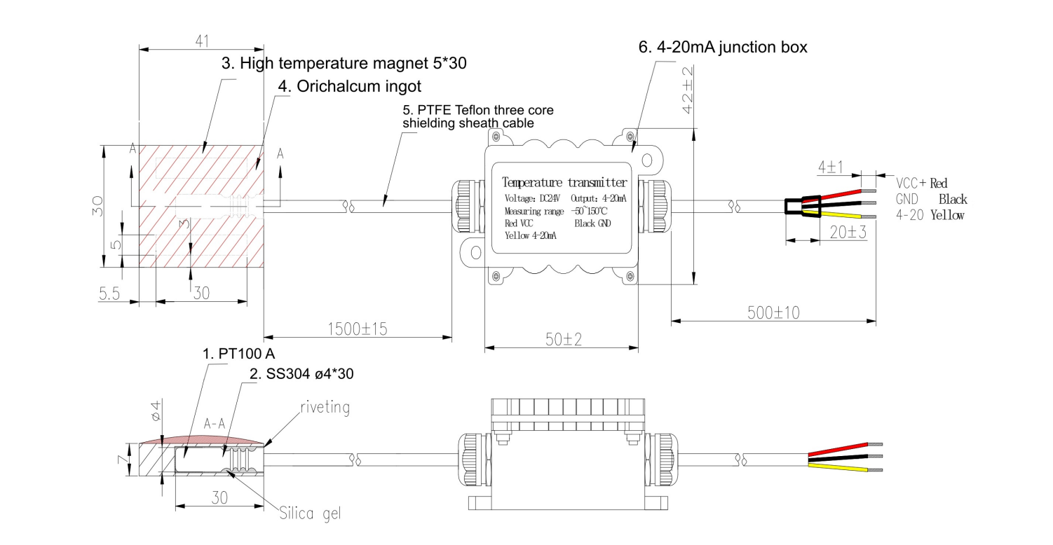 Sensor de temperatura RTD PT100 — Transmissor 4–20mA e fixação magnética
